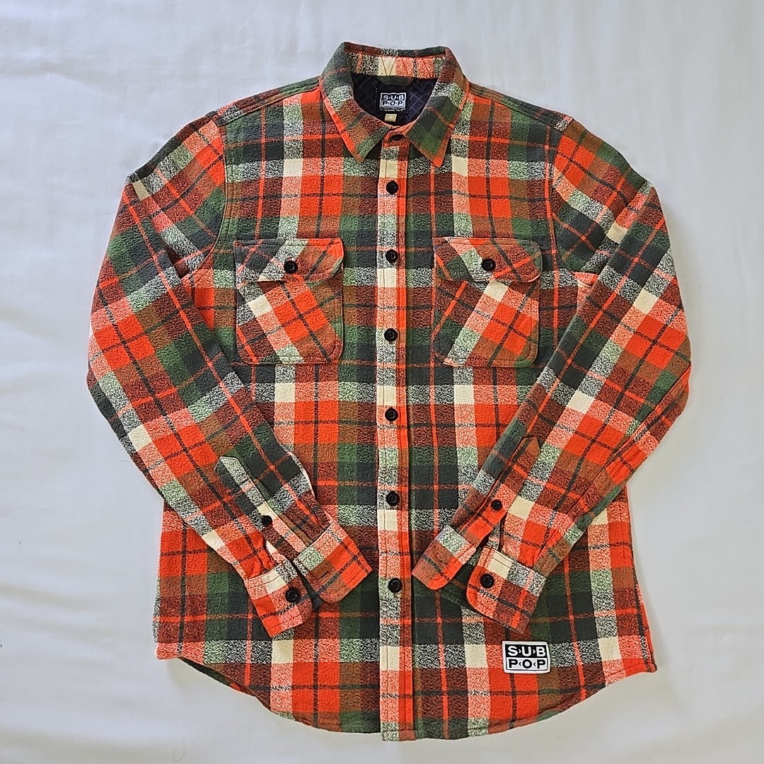 SUB POP Records Camano Flannel Shirt Orange Autumn Plaid Men's S Woven Cotton