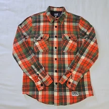SUB POP Records Camano Flannel Shirt Orange Autumn Plaid Men's S Woven Cotton