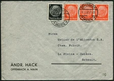 Germany 1937 Offenbach Geneva Switzerland Business Cover Deutsches Reich Postage