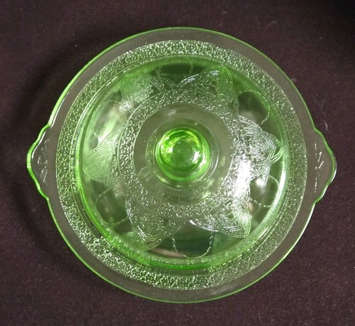 Georgian Lovebirds Butter Dish Green Uranium Federal Glass Vaseline Mint 1931 - Picture 9 of 19