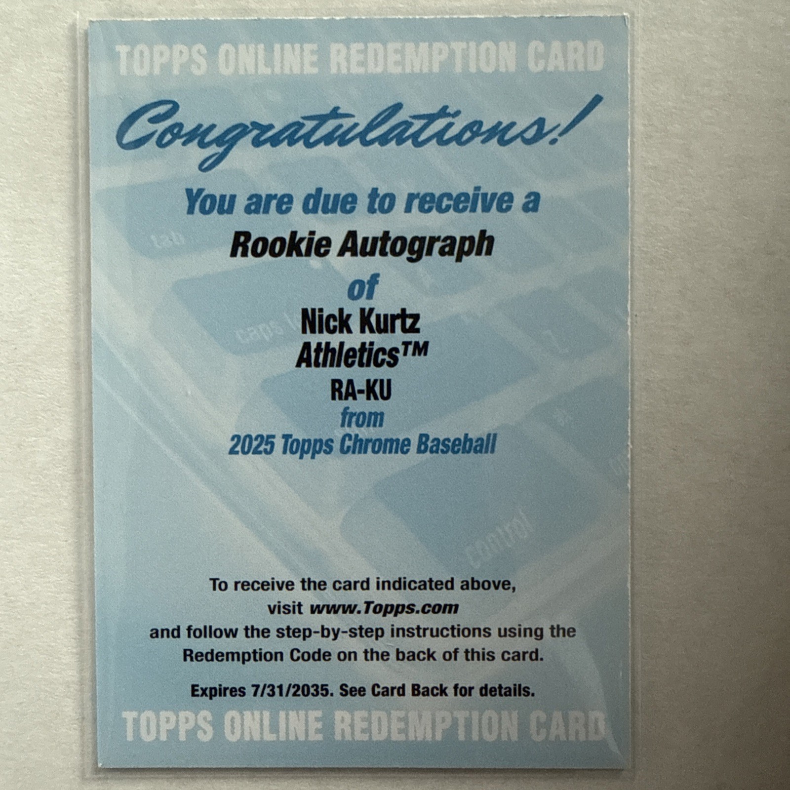 2025 Topps Chrome Nick Kurtz #RA-KU Rookie Autograph Redemption