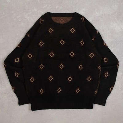 Vintage Rautenmuster Strickpullover Medium Herren 90er schwarz Opa