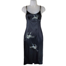 Julian Joyce 2 Cocktail Dress Women Slip Black Silver Sequin Cranes LBD Vtg