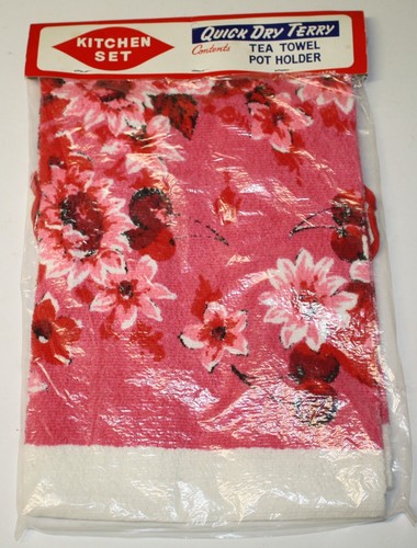Vintage Kitchen Set Quick Dry Terry Pink Floral Tea Towel & Pot Holder - Japan - Picture 4 of 4