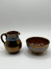 Copper Lusterware Personal Creamer & Open Sugar Bowl Vintage Antique Old