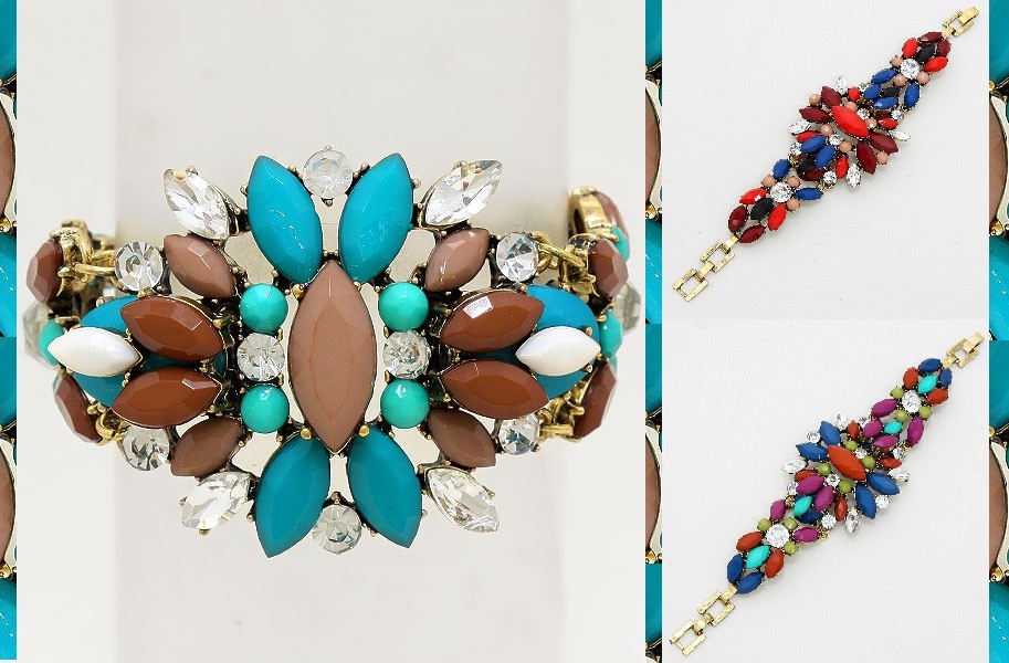 Elegant Floral Crystal Statement Metal Link Chain Bangle Bracelet-image