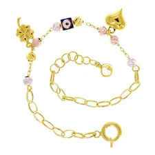 Italian 14k Tri Color Gold Evil Eye Heart Clover Leaf Charm Bracelet 8" 4.5grams