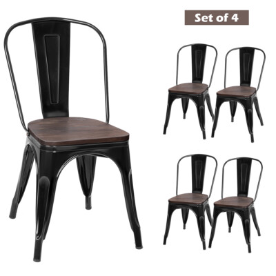 Set of Tolix Style Metal Dining Side Chair Wood Seat Stackable