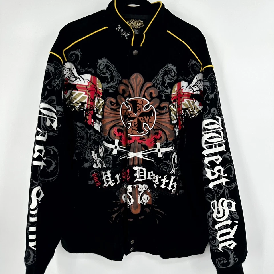 Chaqueta de Bombardero Azul Crudo Hombres XL Multi Espada y Calavera Gráfico Hip Hop Y2K Frente a Presión Foto 3 de 4