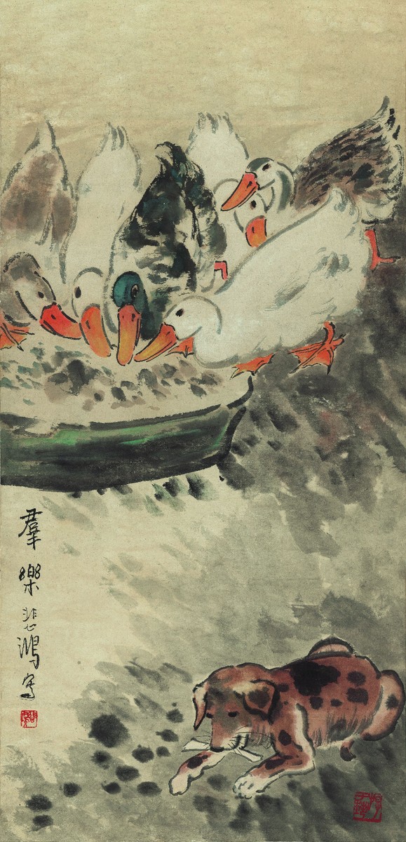 中国美術品・中国近代名家徐悲鴻氏書画・動物画・掛け軸・書道・肉筆・屏風・大型書画 掛軸1967 ORIGINAL ART CHINA PAINTING-Xu Beihong&Duck&Dog
