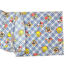 Looney Tunes Twin Flat Fitted Sheets Taz Tweety Sylvester Bugs Blue Plaid Bibb