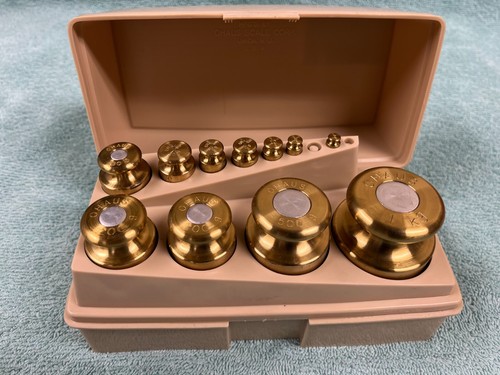 Vintage OHAUS 11pc Sto-A-Weigh Solid Brass Metric Weight Set 2g to 1000g w/Case - Picture 1 of 9