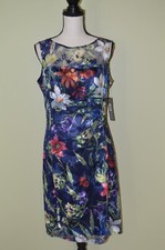 Tahari Arthur S Levine Dress Size 12 Navy Blue Floral Lace Overlay Sleeveless 