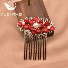 Xlentag Handmade Natural Freshwater Pearl Coral Flower Hair Comb For Ladies Wedd