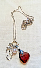 AUTHENTIC SEA GLASS PENDANTS/NECKLACE, BROWN W/SEA HORSE CHARM-18 , GIFT-ITALY