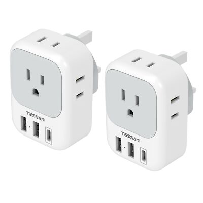 US to UK Plug Adapter 2 Pack, TESSAN Type G Travel Converter with 4 Outlets 3...