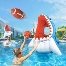 Kids Shark Pool Toy, 3-In-1 Inflatable Pool Game Basketball Football Hoop Balls