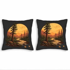 Set of 2 18x18in Throw Pillow Covers - Serene Landscape Pine Tree River  Sunset