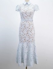 Women Self-Portrait Blue Lace Collared Short Sleeve Midi Dress