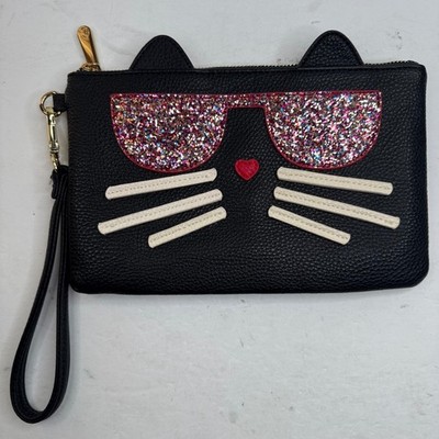 Charming Charlie Black Cat Face Wristlet Clutch Glitter Sunglasses Heart Nose