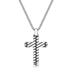 Stainless Steel Black Ion Plated Cross Pendant For Men - 24 Inch Round Box Chain
