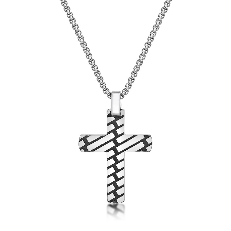 Stainless Steel Black Ion Plated Cross Pendant For Men - 24 Inch Round Box Chain