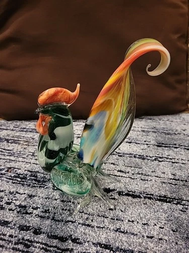 Vintage Murano Style Hand Blown Art Glass Rooster Figurine Sculpture 10” Heavy