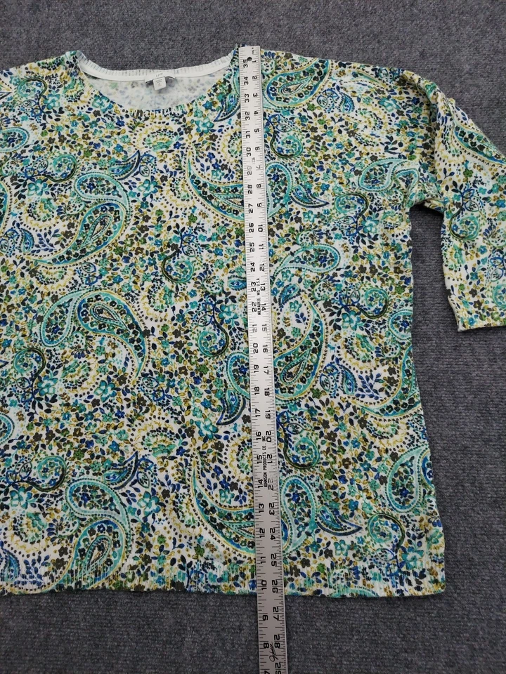 J Jill Sweater Top Womens XL Green Paisley 3/4 Sleeve Crew Neck Lightweight - Image 4 of 4