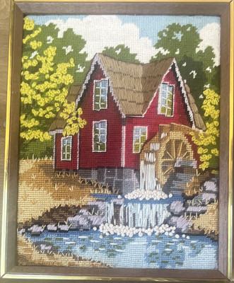  Vintage Handmade Framed  Needlepoint Water Mill Scene Red House Waterwheel
