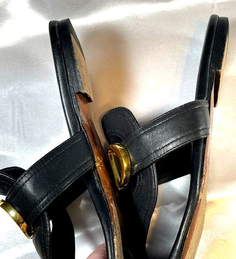 Christian Dior 30 Montaigne Thong Black Leather Gold Finish CD Sandals thumbnail 5