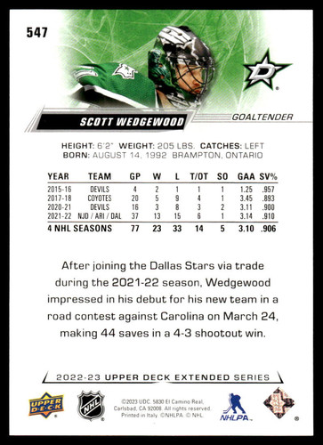 2022-23 Upper Deck #547 Scott Wedgewood Dallas Stars Hockey Card - Picture 2 of 2