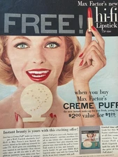 Max Factor Cosmetics, Creme Puff Makeup, Lipstick Full Page Vintage Print Ad, aa