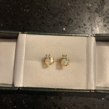 14ct Yellow Gold Diamond And Opal Oval Stud Earrings