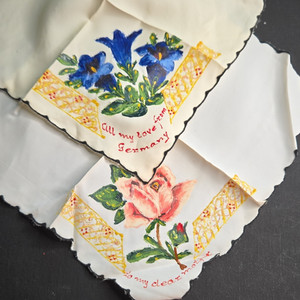 2 Vintage Hand-Painted Floral White Handkerchiefs, Scalloped Edge, Love Notes