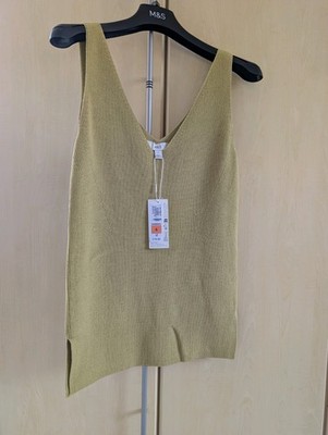 M&S Olive Cotton Knitted Vest, Longline Top, V neck, Size S 8-10, Smart, Casual