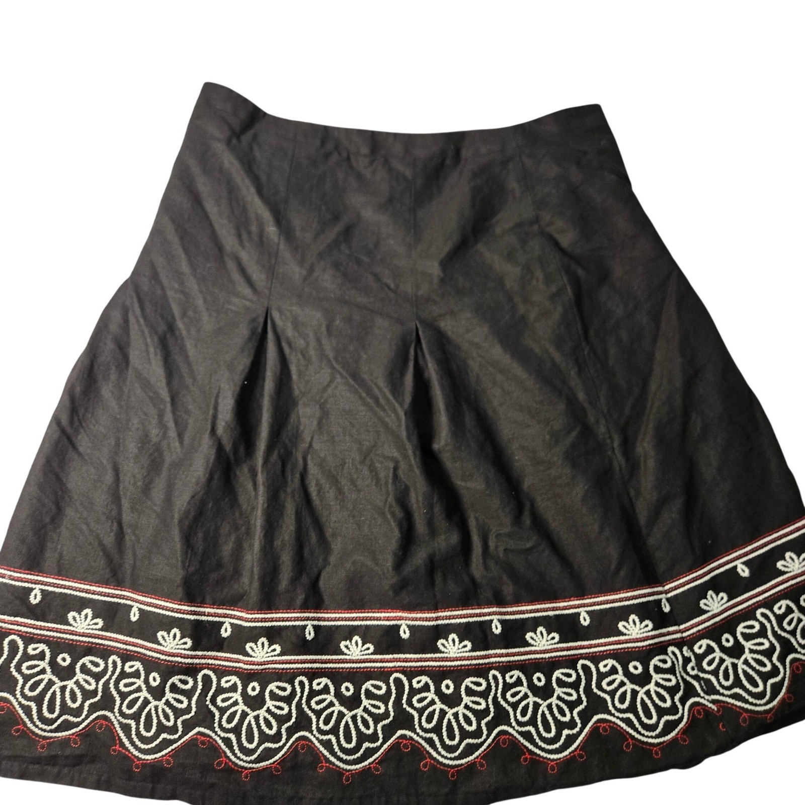 Ann Taylor Loft Black Embroidered Linen Blend A-Line Skirt Women Size 6 Pleated