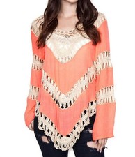 Umgee Bohemian Lacy Crochet Trim Tunic Mango