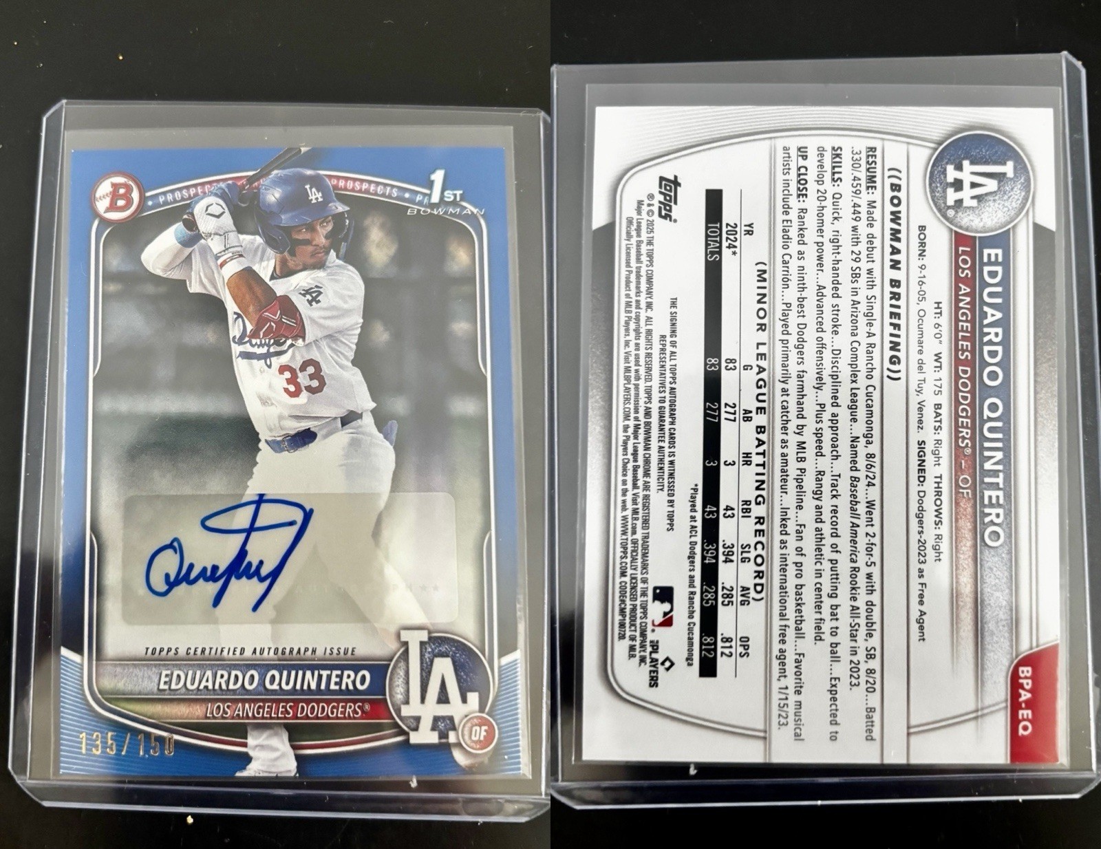 2025 Bowman Prospects Eduardo Quintero BPA-EQ 1st Bowman Blue Auto /150