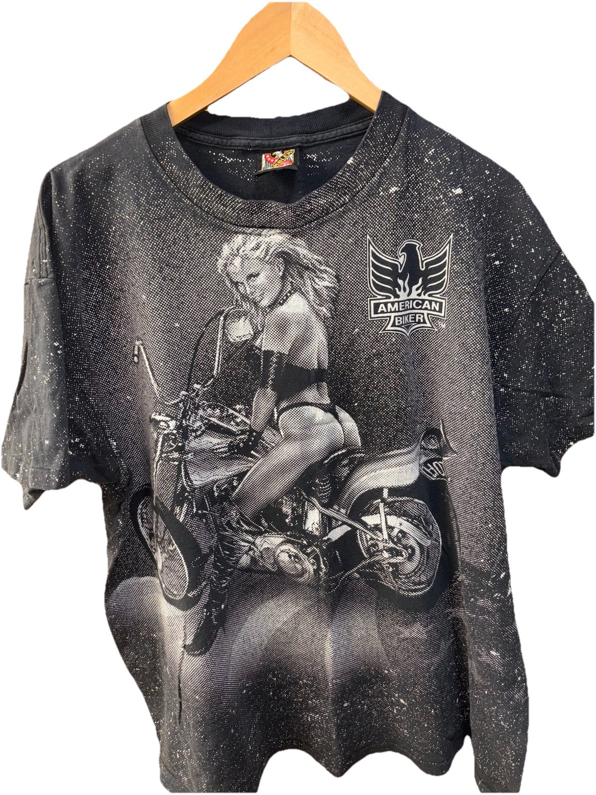 Vintage 90s 3D Emblem American Biker T-shirt Men's XL Pin Up Babe Sexy AOP Black image 2