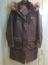 Barbour Fieldfare  Faux Fur Hooded Waxed Parka Olive  Size 12 Worn Twice