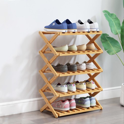 Glsety 5 Tier Bamboo Shoe Rack,Portable Folding Shoe Storage Rack,Without