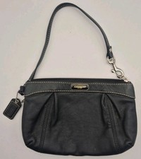 Coach Soho Black Leather Wristlet Bag with Pleated Design and Purple Lining
