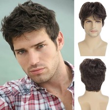 Mens Short Brown Wigs Short Straight Layered Natural Synthetic Realistic Hair