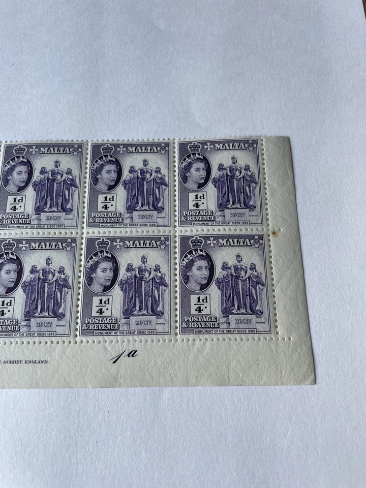 1956 Malta QEII Stamp Block of 12 MNH. Purple 1/4d Monument of Siege  - Image 4 of 4