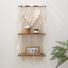 2-Tier Macrame Wall Hanging Shelf Boho Decor, Wooden Floating Shelves