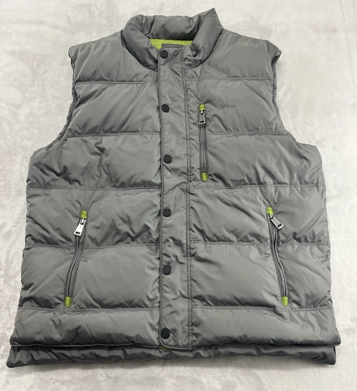 Orvis Classic Coll Quilted Duck Down Puffer Vest Men Large Gray Snap Zip Hiking