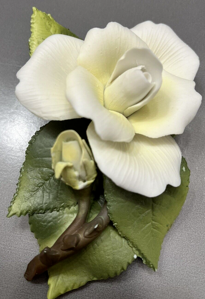 Enesco White Rose & Bud Green Leaves Thorns Porcelain Vintage Elegant