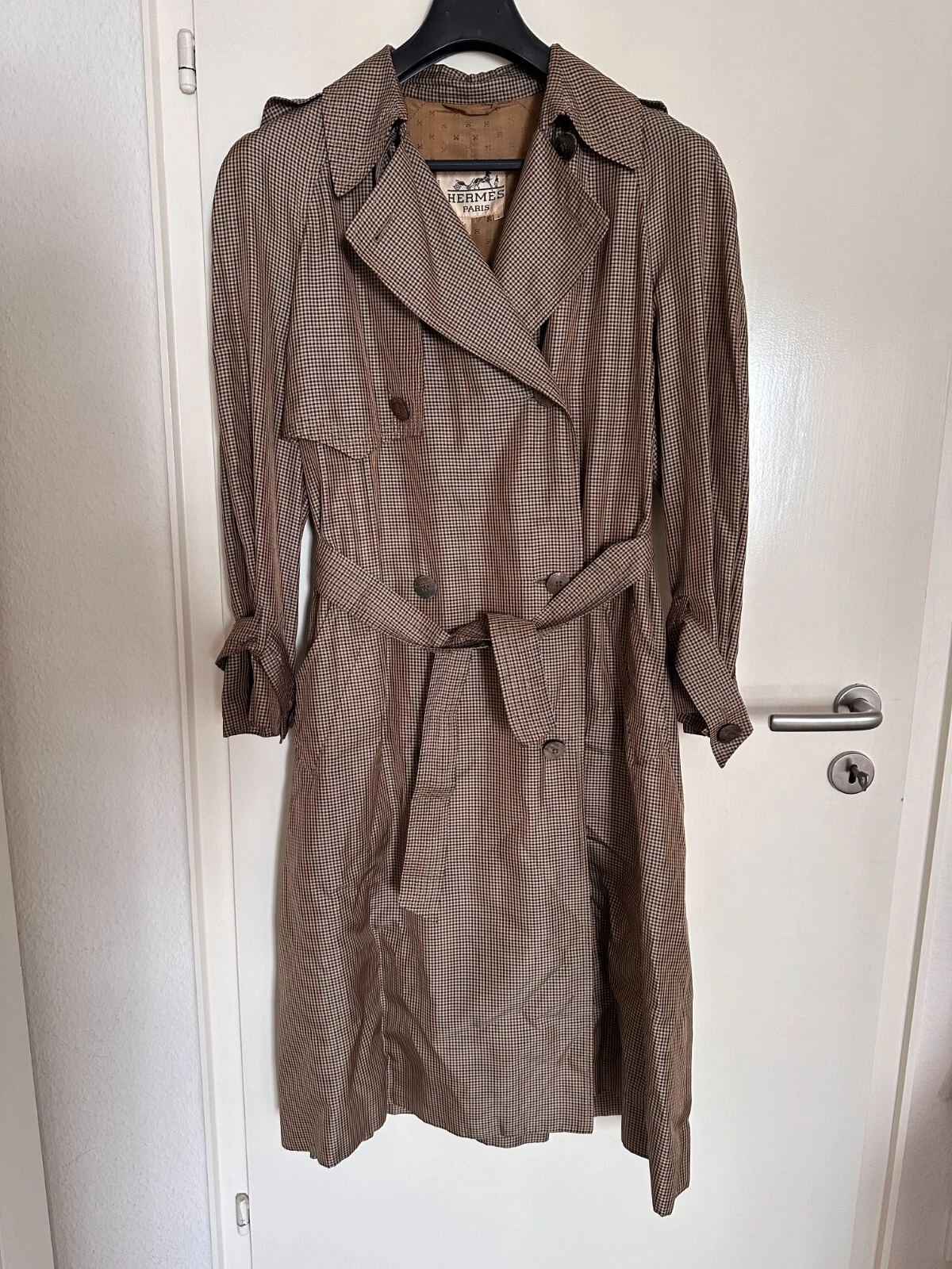 Cappotto Hermès Paris L 40 42 100% seta Hermes marrone beige quadri trench