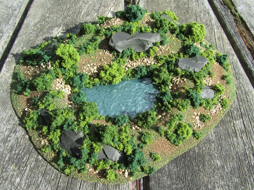 N / OO gauge model railway layout scenery hill with pond, rocks ...