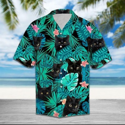 Black Cat Tropical Short Sleeve Button 